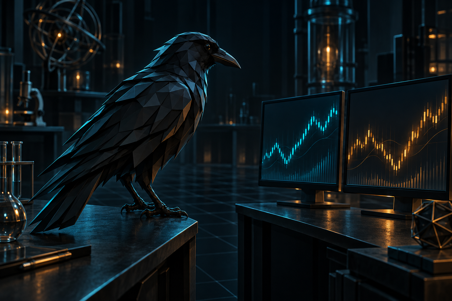 Low-poly crow watching two trading monitors in a dark laboratory